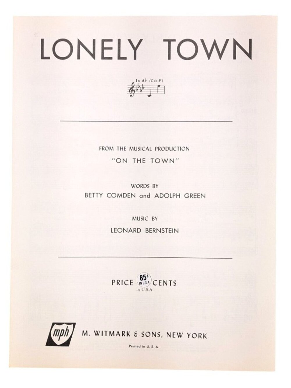 Vintage Lonely Town Sheet Music On The Town 1945 Green Comden Leonard Bernstein